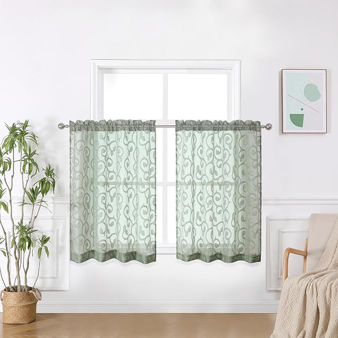 Furman Sage Green Kitchen Curtains Tiers 36 inch Length, Light Filtering Soft by OWENIE