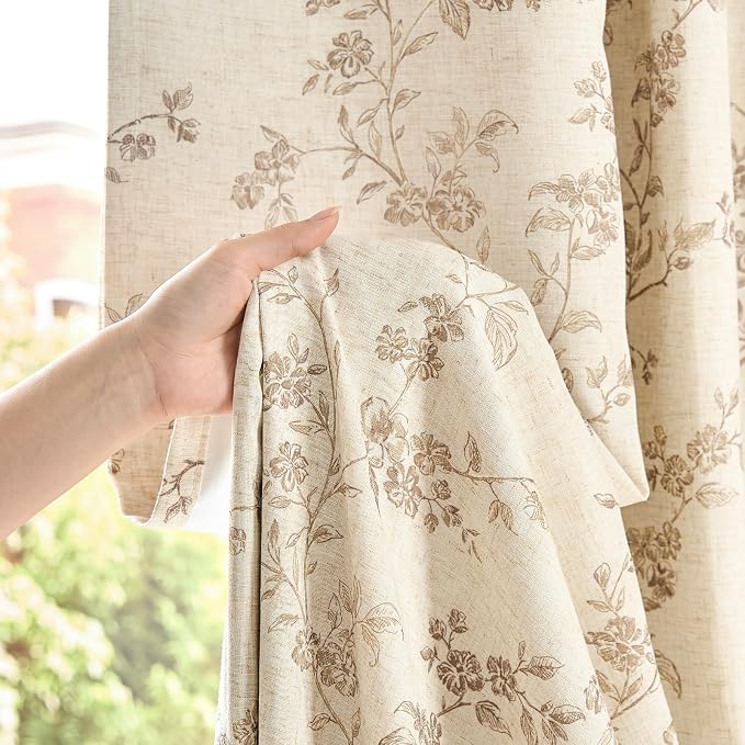 Blackout Vintage Floral Linen Curtains Taupe on Beige 50×90 2 Panels | Elisa - Image 3