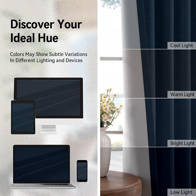 100% Blackout Linen Textured Curtains 96 Inch Long, Midnight Blue | 100% - Image 7