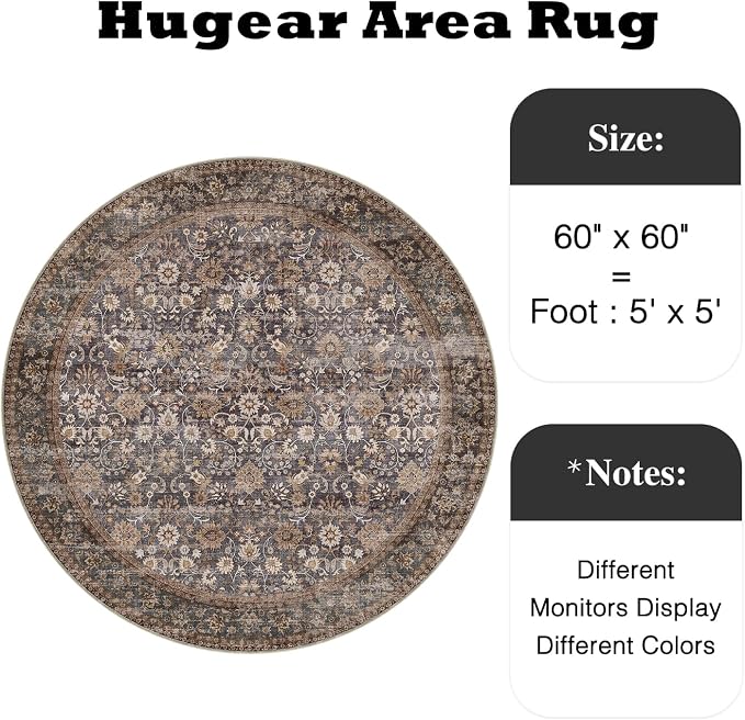 5ft Round Brown Blue Vintage Floral Washable Rug - Image 2
