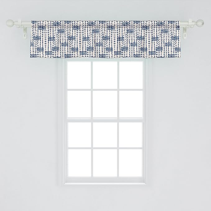 Ambesonne Ethnic Window Valance Pack of 2, Messy Waves and Small Triangles Indonesian Traditional Pattern Watercolors, Rod Pocket Curtain Valances for Kitchen Bedroom, 42" X 12", Navy Blue and Cream