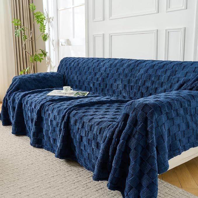 Fuzzy Navy Couch Cover for Sectional Sofa, Sofa Slipcover for 2 Cushion Couch by JungleStar
