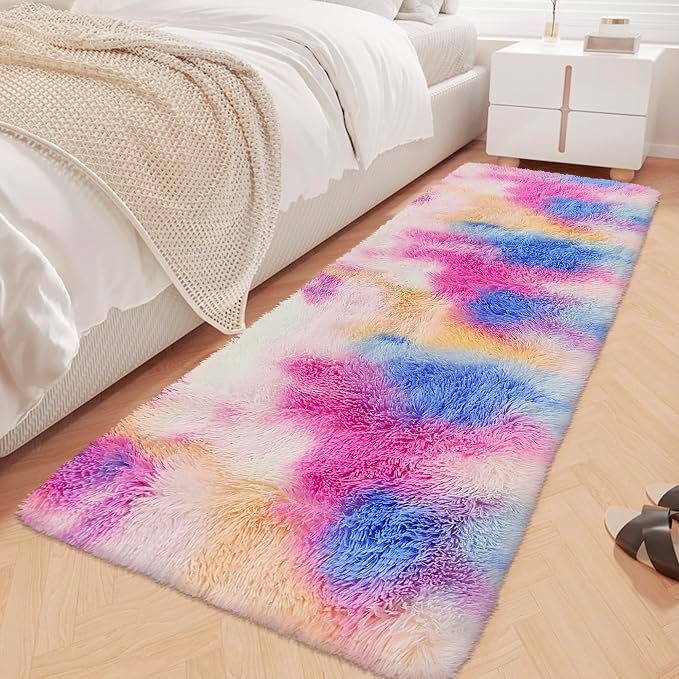 Fluffy Colorful Rug for Bedroom 2x6 ft Kawaii Tie-Dyed Area Rug Non Slip Cute by JiaoBaba
