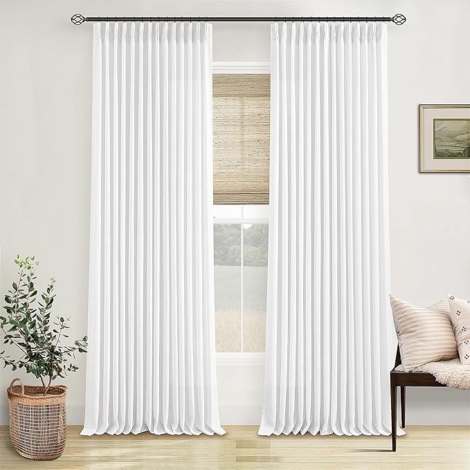 Extra Long Pinch Pleated Linen 120 Inch Curtains 2 Panels Set Snow White | by Twodrapes