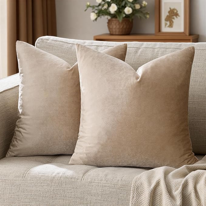 GIGIZAZA Taupe Velvet Pillow Covers 20x20 Decorative Pillows Pack of 2 | - Image 6