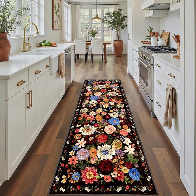 Black Brown Floral Hallway Runner Rug 2x8 by WelcometoBabovid