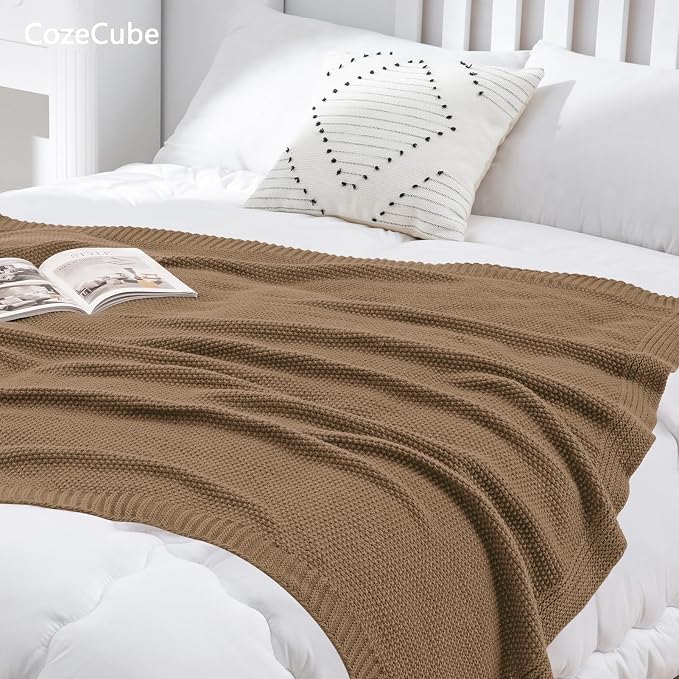 CozeCube Caramel Brown Seed Stitch Throw Blanket 50"x60", Farmhouse Decor | - Image 5