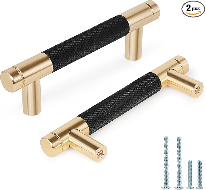Knurled Cabinet Pulls 2 Pack, 4 Inch Long Cabinet Handles Metal Door Pulls, Kitchen Drawer Pull Knurled Dresser Handles - 3" Hole to Hole, Black & Gold