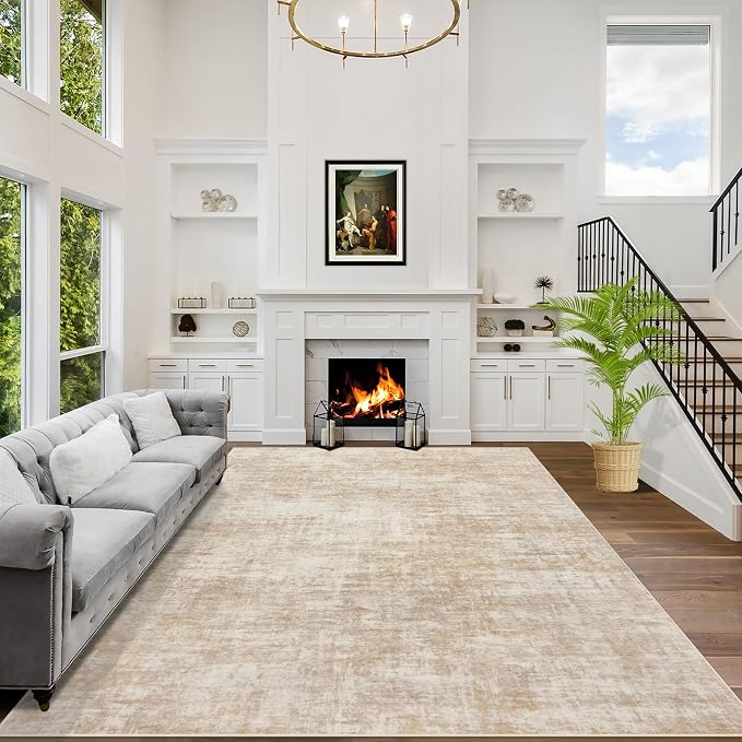 5x7 Area Rugs for Living Room: Washable Abstract Beige Badroom Carpet | by GENTDRIZZ