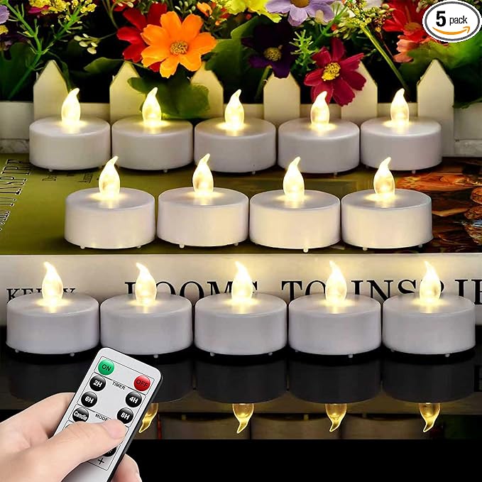 Hanzim Tea Light Candles with Remote Control,Flickering Flameless LED Candle,Long Lasting 400+Hours,Battery Operated with Timer for Home Decoration Seasonal &Festival Celebration WarmWhite (5pcs)