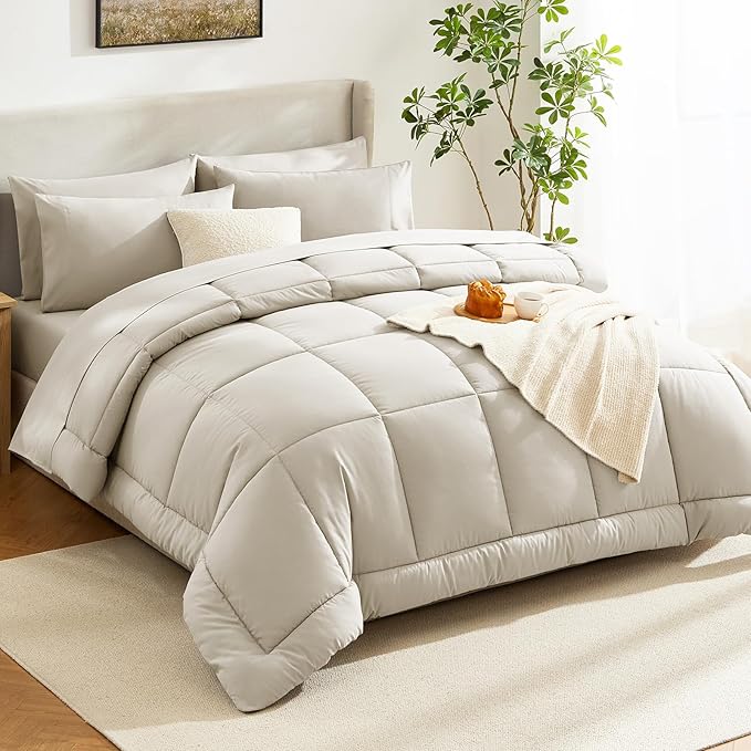 CozyLux Full Size Comforter Sets Oatmeal, 7 Pieces Bed in a Bag, Oatmeal Comforter Full Size, All Season Bedding Sets with Stitch Quilted Comforter, Flat Sheet, Fitted Sheet, Pillowcases