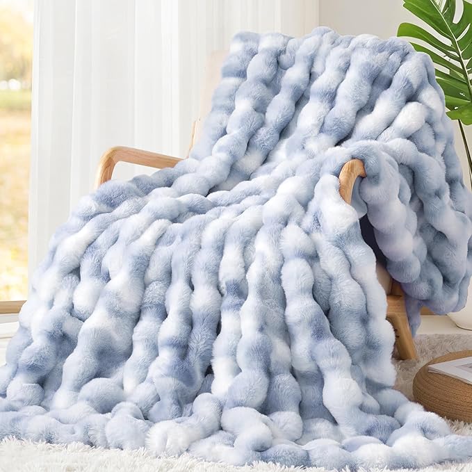 Luxury 1000GSM Faux Rabbit Fur Throw Blanket, Super Heavy Warm Cozy Grey by TOUCHAT