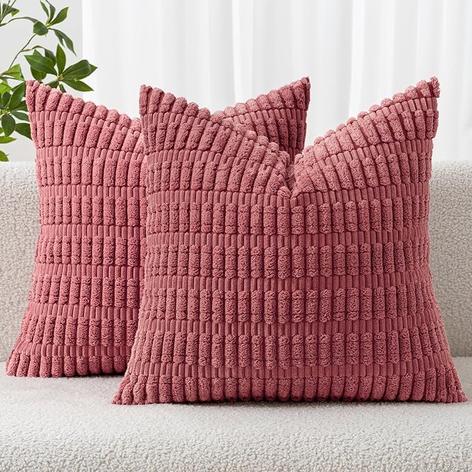 MIULEE Corduroy Decorative Throw Pillow Covers 16x16 Crimson Pack of 2 | Soft by MIULEE