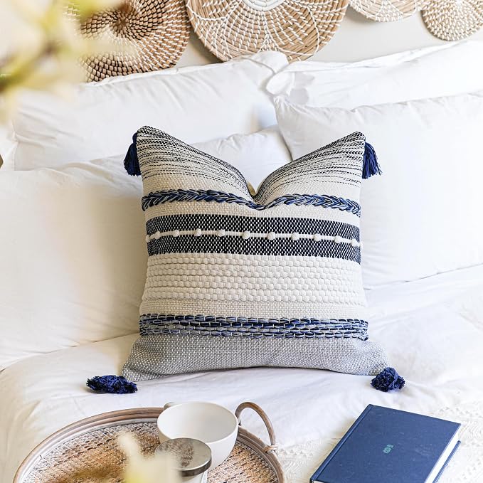 Navy Dark Blue Boho Throw Pillow Cover 22x22 Grey Decorative Accent Pillow - Image 8