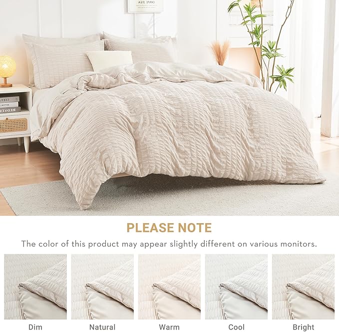 HYMOKEGE Beige Twin Comforter Set Seersucker 5 Pieces, All Season Luxury Bed in a Bag for Bedroom, Bedding Set with Comforters, Sheets, Pillowcase & Sham