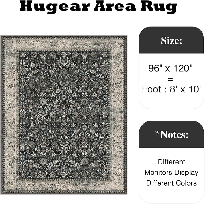 8x10 Black Beige Vintage Floral Washable Area Rug - Image 2