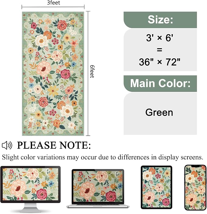 DUKINO 3x6 Runner Rug, Non Slip Floral Washable Rug - Image 2