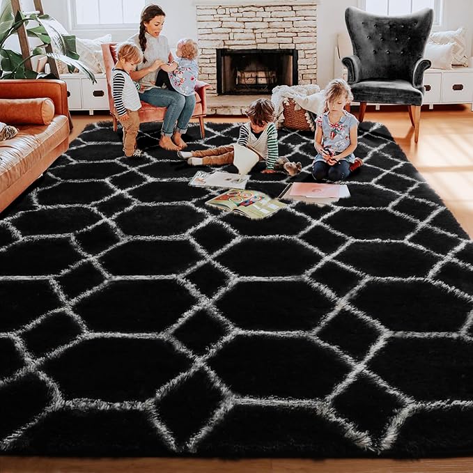 7x9 Area Rugs for Living Room Bedroom, Fluffy Black and White Geometric Rug | - Image 8