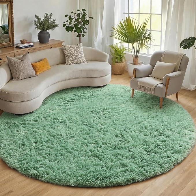 Sage Green Round Area Rugs 6ft, Fluffy Soft Bedroom Circle Rug by ONASAR