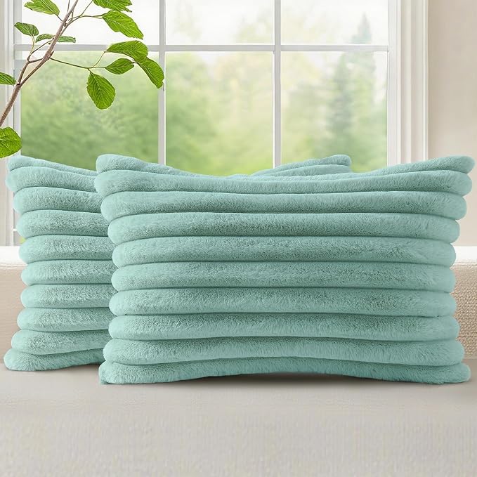 decorUhome Fall Faux Fur Throw Pillow Covers 12x20 Set of 2 Aqua | Decorative by decorUhome