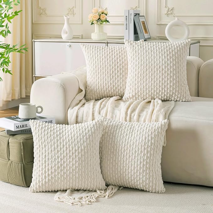 Set of 4 Cream White Decorative Throw Pillow Covers 16x16 Inch Corduroy Pillow by Cozoomy