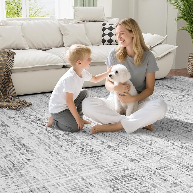 6x9 Washable Area Rug for Living Room Bedroom: Non-Slip Modern White Gray | - Image 7