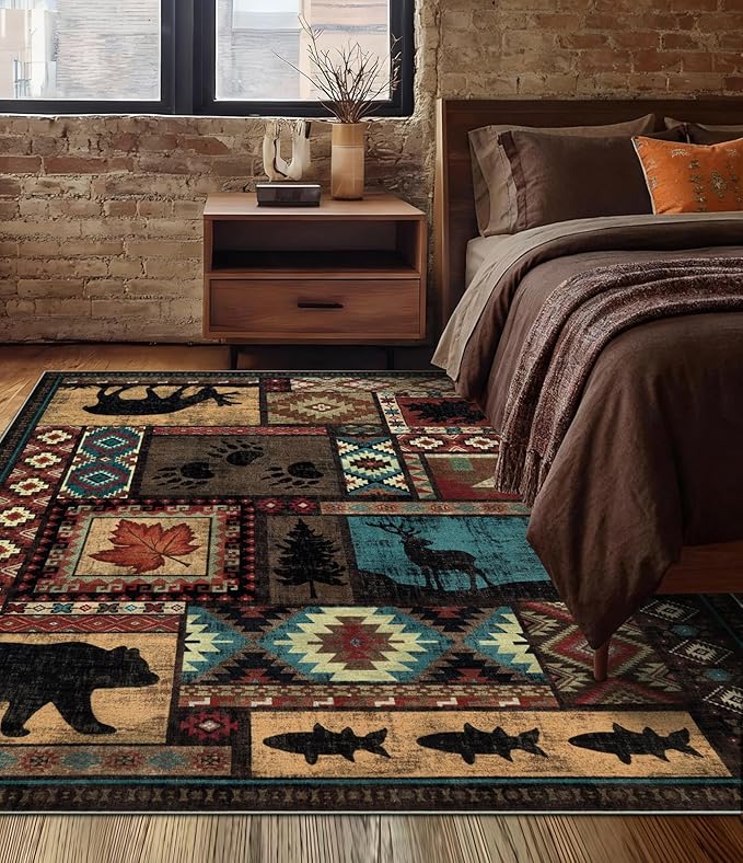 Rustic Cabin Area Rug 5x7, Machine Washable Lodge Bear Rug, Non-Slip Low Pile - Image 3
