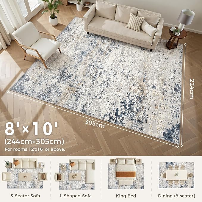 DMOYEST Area Rug Living Room Rugs 8x10 Washable Abstract Beige Blue Carpet | - Image 2