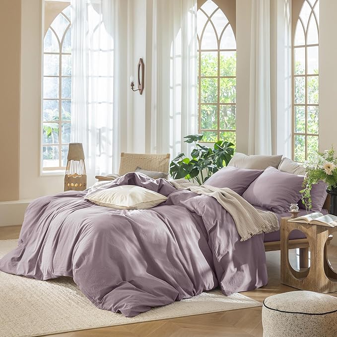MooMee Bedding Duvet Cover Set 100% Washed Cotton Linen Like Textured Breathable Durable Soft Comfy (Solid Taro Purple, Alaska King 132"x120")