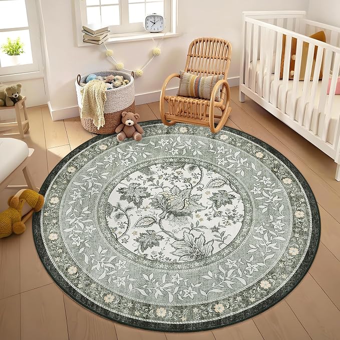 GarveeHome Provence Fog Gray Botanical Grove 4ft Round Rug, Small Circle - Image 3