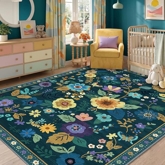 RELEANY Floral Washable 5x7 Area Rugs Teal/Purple | Flower Carpet Print Boho - Image 8