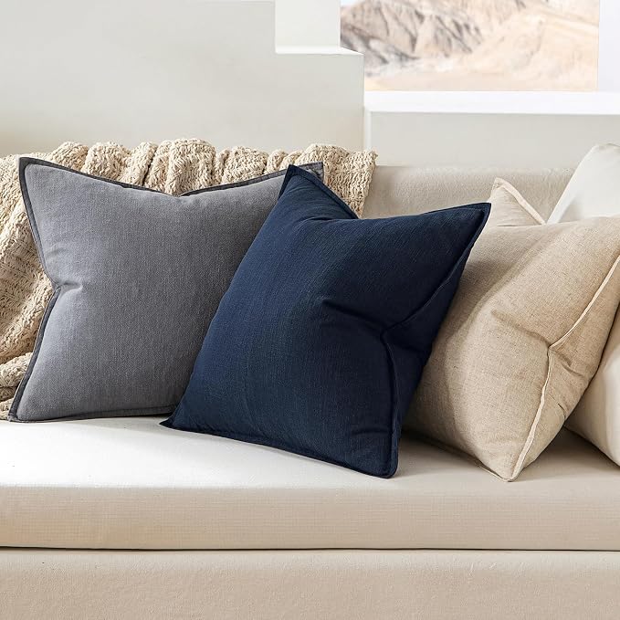 MIULEE Decorative Linen Pillow Covers 26x26 Inch Navy Blue | Boho Farmhouse​ - Image 3