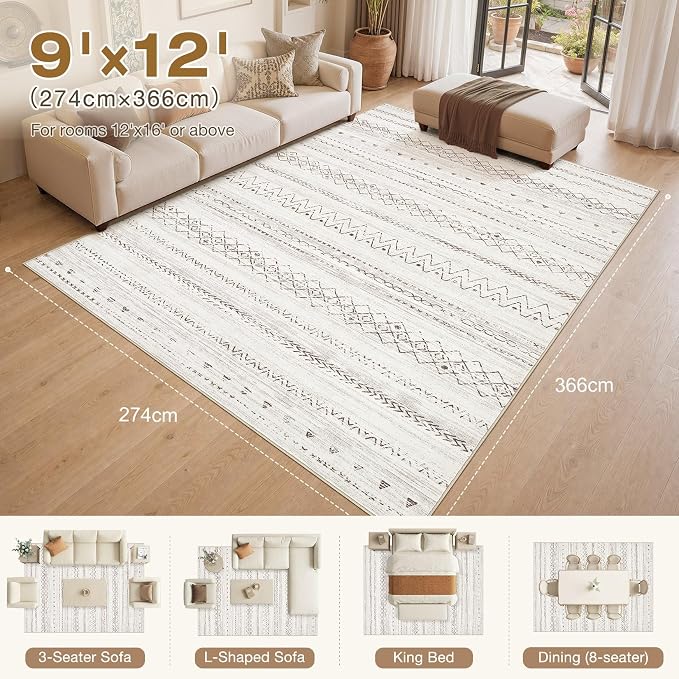 cotiled Boho 9x12 Area Rug for Living Room: Large Moroccan Washable Rug | Stain - Image 2