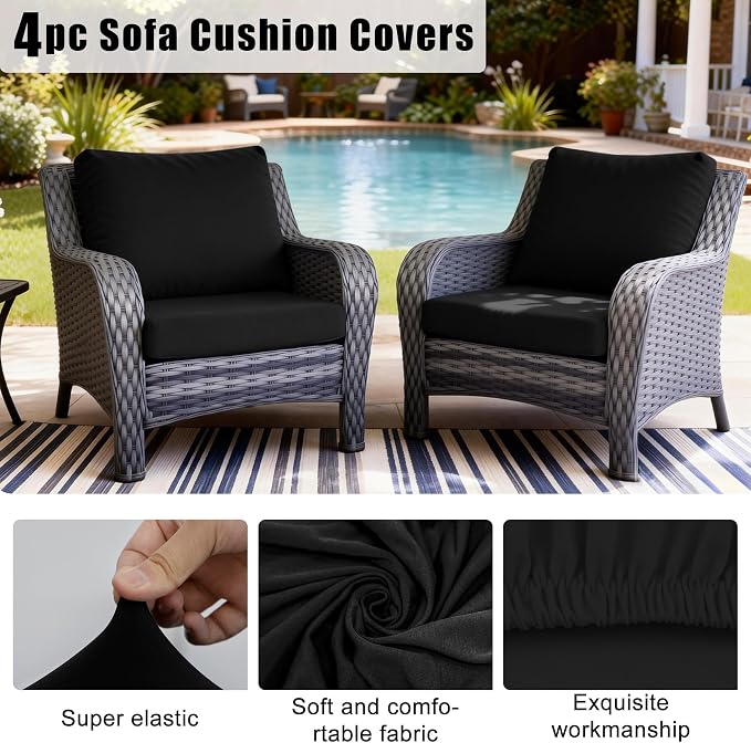 4Pcs Outdoor Cushion Covers, Elastic Patio Cushion Covers | Washable, - Image 4