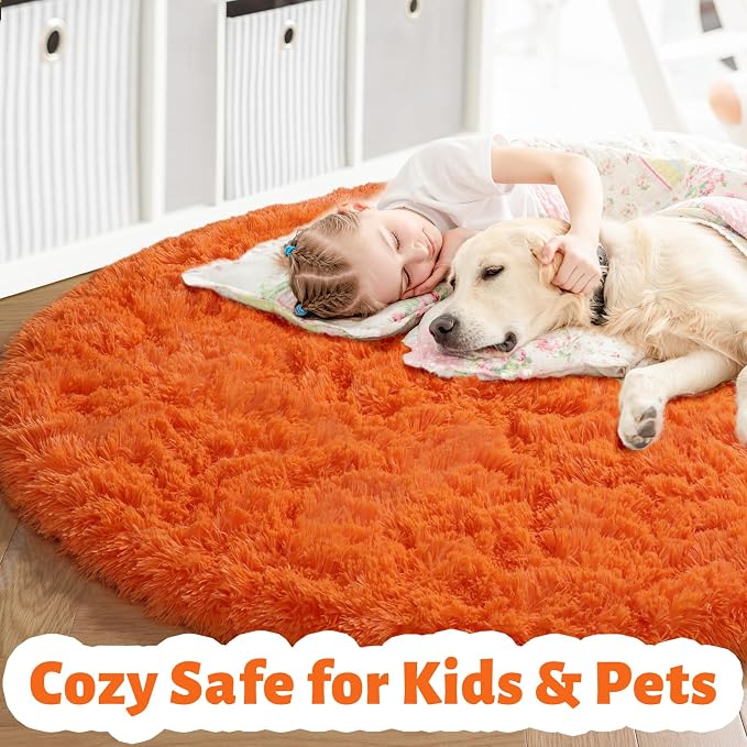 Amdrebio Orange Large Round Shaggy Area Rug 6Ft - Image 2