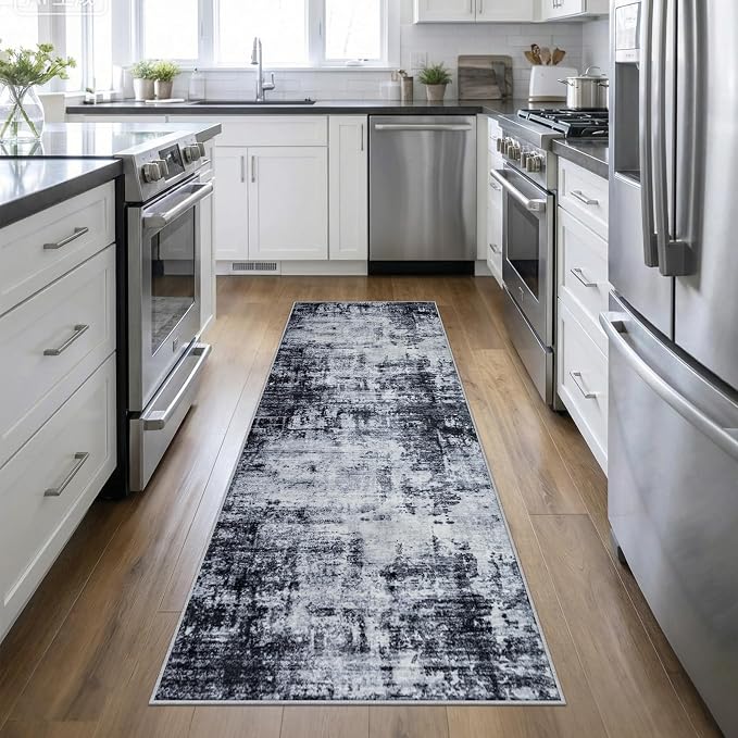 2.6x10 Washable Runner Rug:Modern Abstract Soft Carpet Dark Black | by FXRHLP