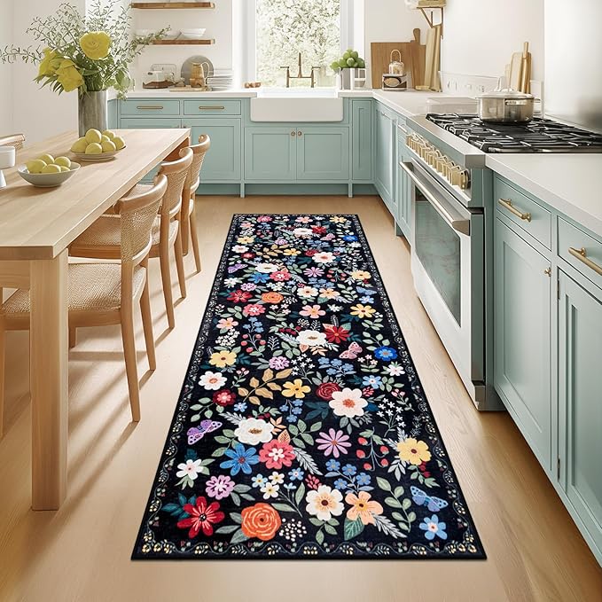 PLHXFR 2.6x8 Washable Runner Rug：Floral Indoor Kitchen Soft Carpet Black | by PLHXFRSoftAreaRugs