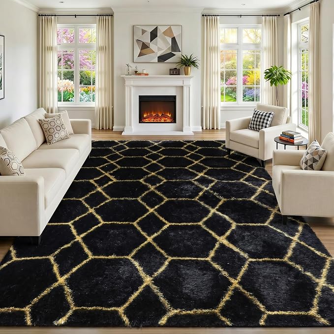 8x10 Area Rugs for Living Room, Fluffy Black and Gold Bedroom Geometric Rug | - Image 4