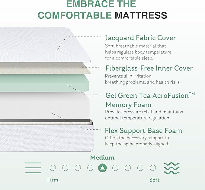 Full Mattress in a Box, 10 inch Mattresses for Platform Bed Double Size Daybed Bunk, Green Tea Memory Foam Medium Firm