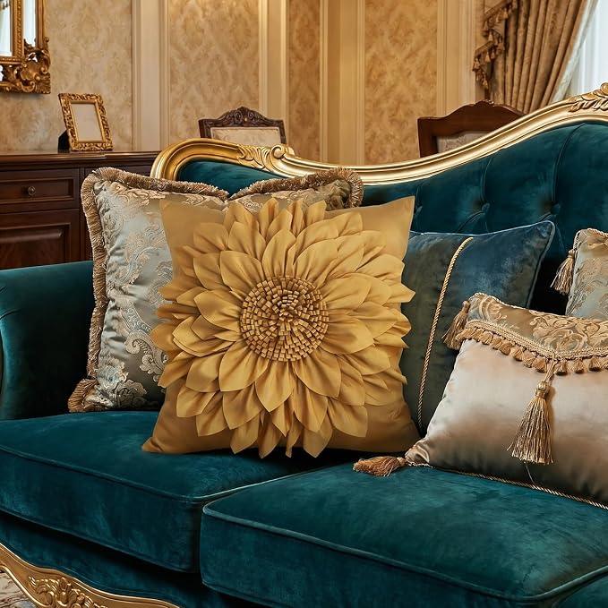Gold Accent 3D Flower Decorative Throw Pillow Covers - Image 4