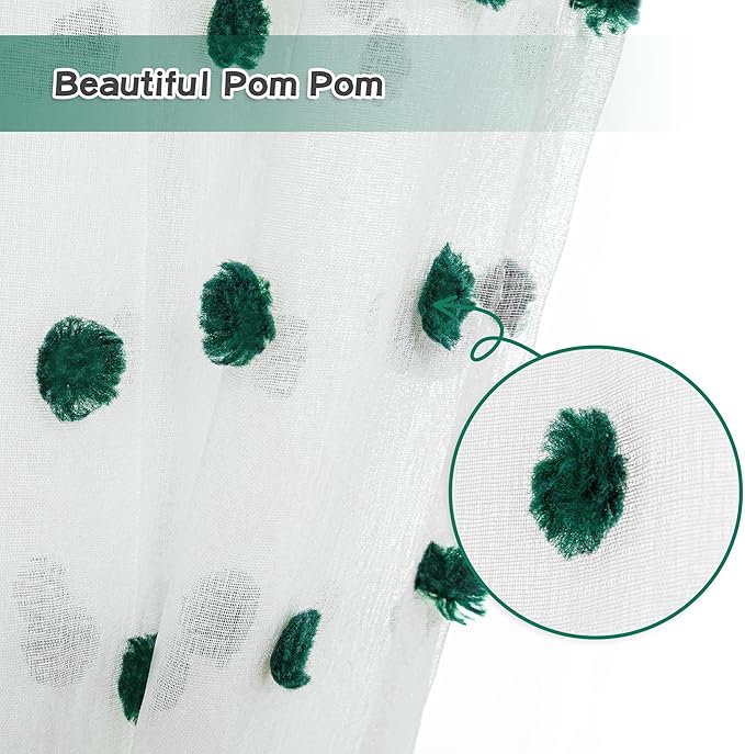 MYSKY HOME 84 Inch Long Christmas Curtains for Living Room Hunter Green Pom Pom Curtains for Bedroom White Sheer Nursery Curtains for Kids Room Rod Pocket Privacy Windows Drapes 52" x 84" 2 Panels