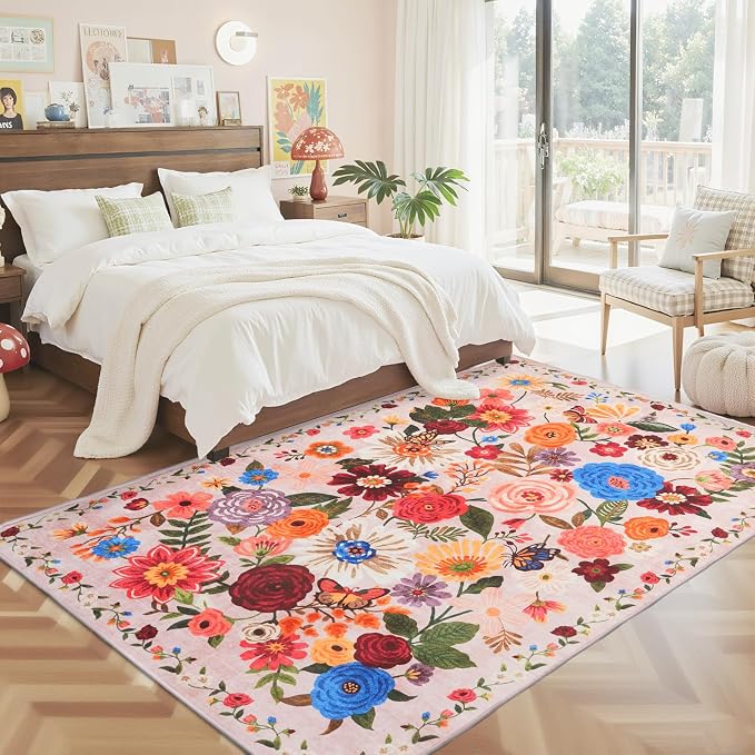 Blush Area Rug 5x7 for Bedroom Living Room | Ultra-Thin;Boho Style;Low Pile;Non - Image 8