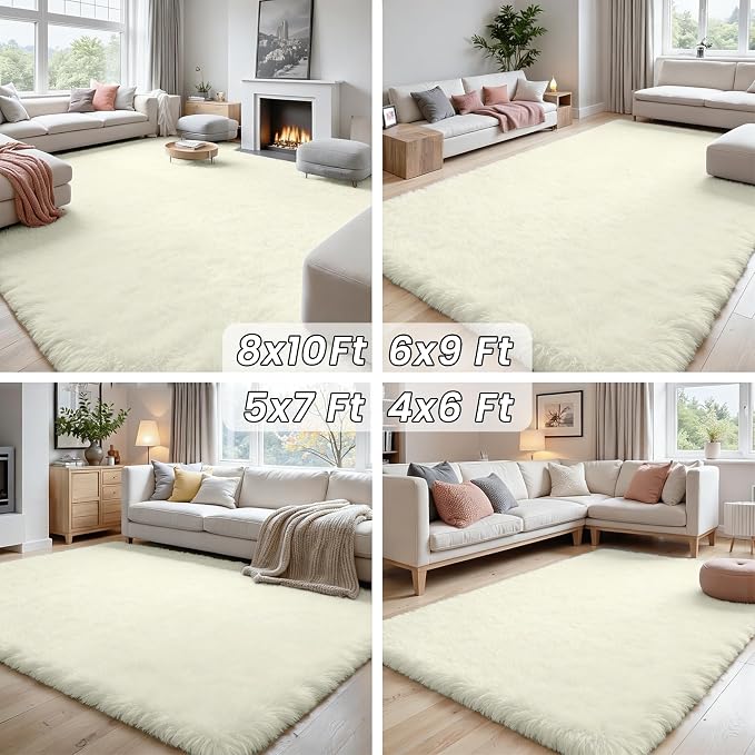 5x7 Fluffy Shag Area Rugs for Living Room Bedroom: Soft Carpet Cream White | - Image 7