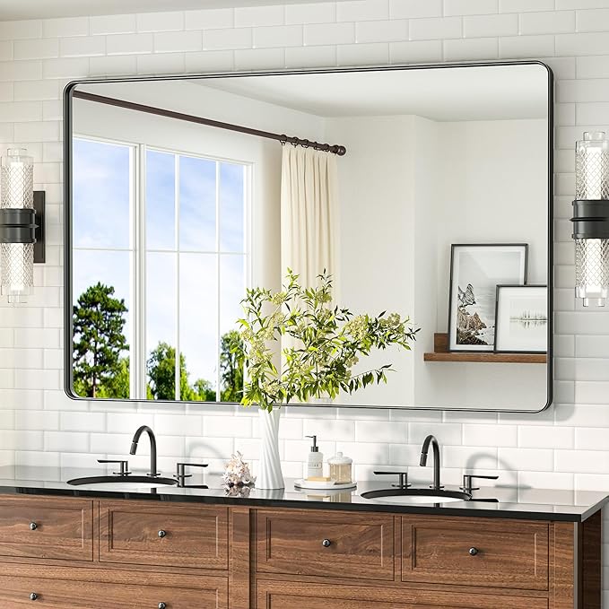 TETOTE 55 x 36 Black Bathroom Mirror Large Black Mirrors for Wall Decor, Metal Frame, Tempered Glass, Modern Farmhouse Wall Mounted Mirror for Decorative(Horizontal/Vertical)