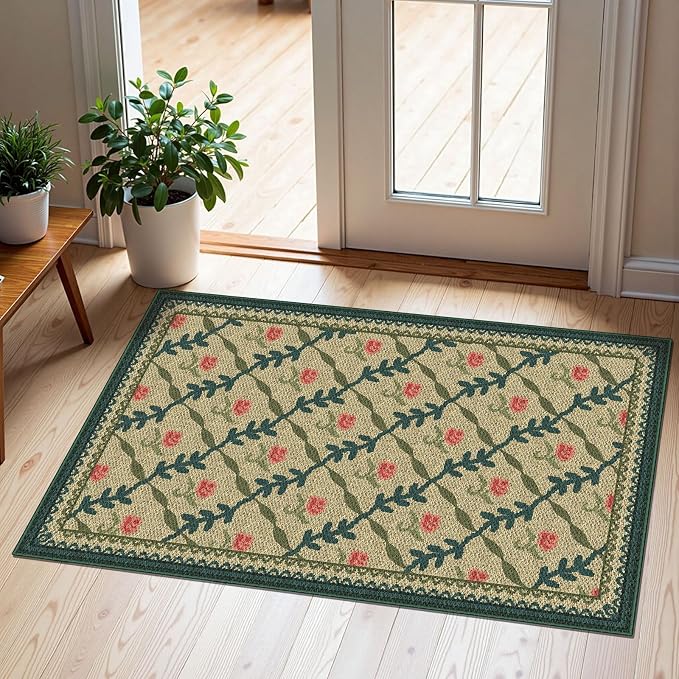 Front Door Mat Outside Entrance, 2x3 Green Brown Floral Trellis Rug | Non-Slip by Othilic