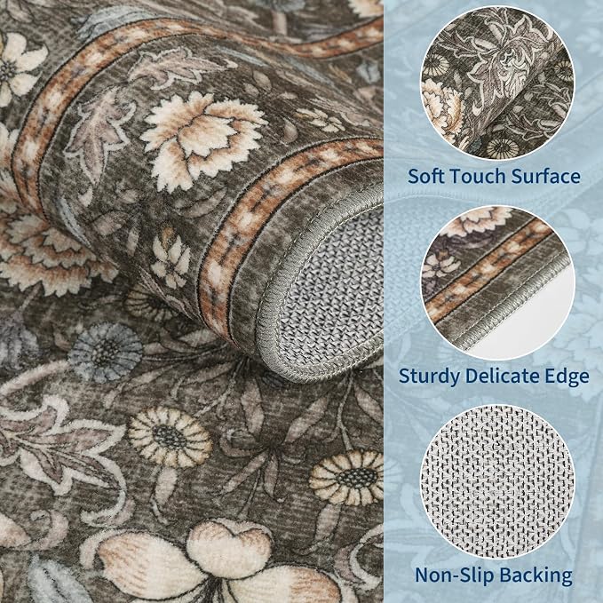 GarveeHome Washable Area Rug 5x7, Retro Floral Low Pile Non Slip Living Room - Image 4