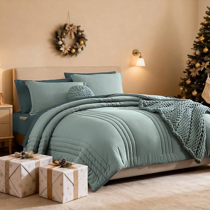 Monbix California King Size Comforter Set - 7 Pieces Bed in a Bag California King, Sage Green Bedding Sets, All Seasons Down Alternative Comforter Bed Set with Sheets, Pillowcases & Shams