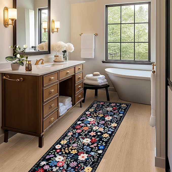 PLHXFR 2.6x8 Washable Runner Rug：Floral Indoor Kitchen Soft Carpet Black | - Image 5