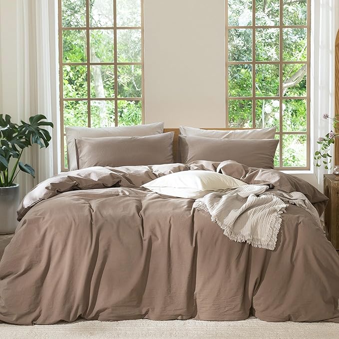 MooMee Bedding Duvet Cover Set 100% Washed Cotton Linen Like Textured Breathable Durable Soft Comfy (Solid Brown, Oversized Queen 98"x98")