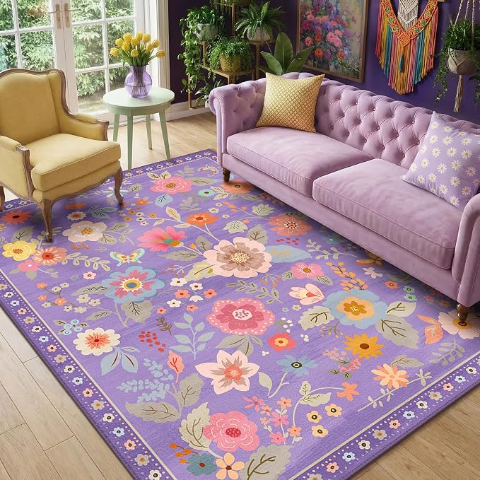RELEANY Floral Washable 6x9 Area Rugs Purple/Pink | Flower Carpet Print Boho by RELEANY